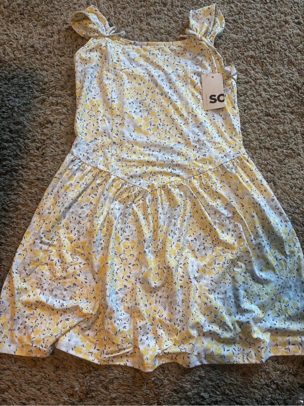 SO Girls XL 14/16 Floral Dress NWT Yellow White Tie Shoulder  Smocked Back‎